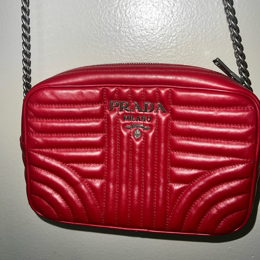 Authentic Prada leather red quilted logo shoulder bag